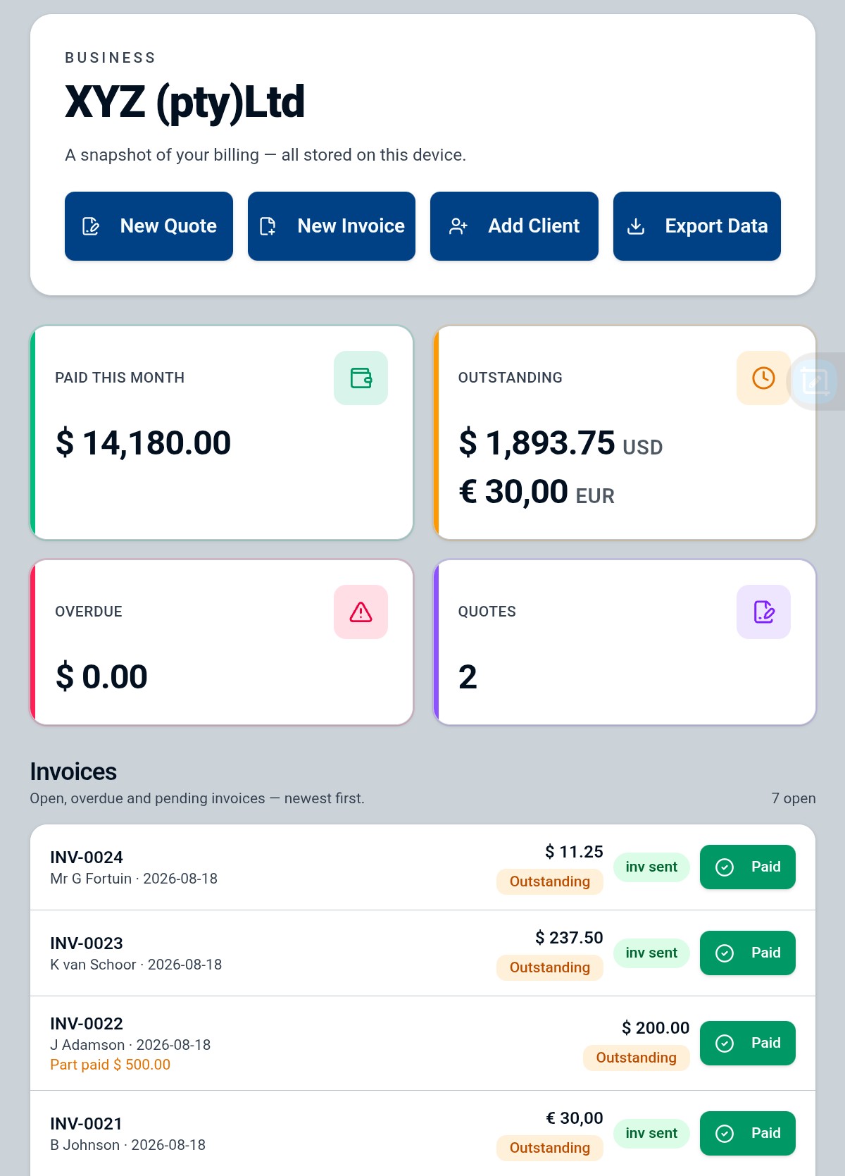 InvoiceSwift Pro dashboard screenshot