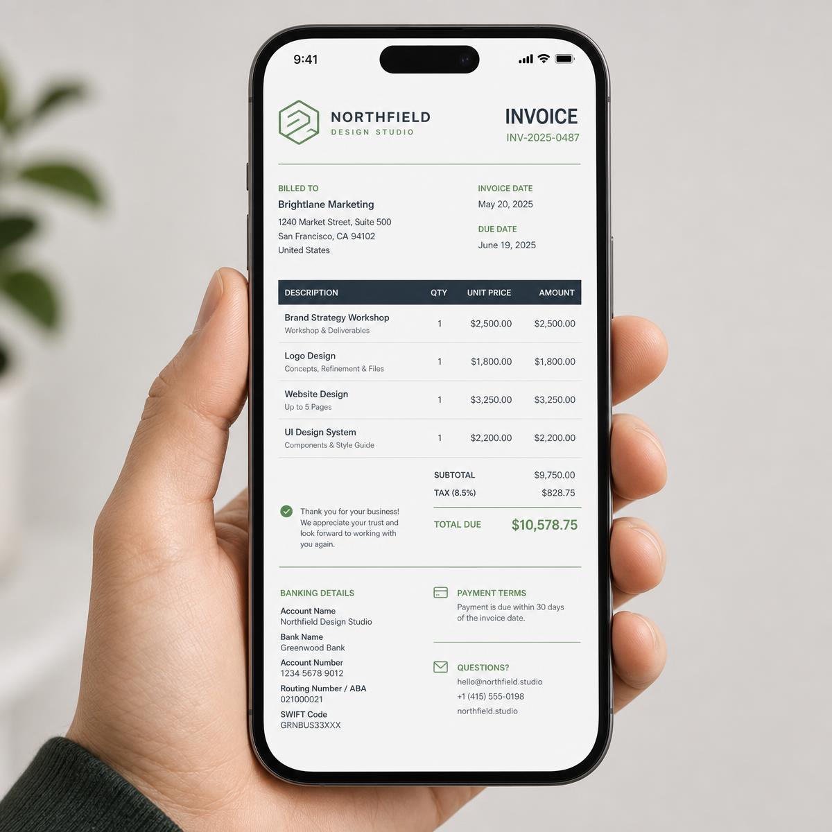 Generated PDF invoice from InvoiceSwift Pro displayed on a phone screen