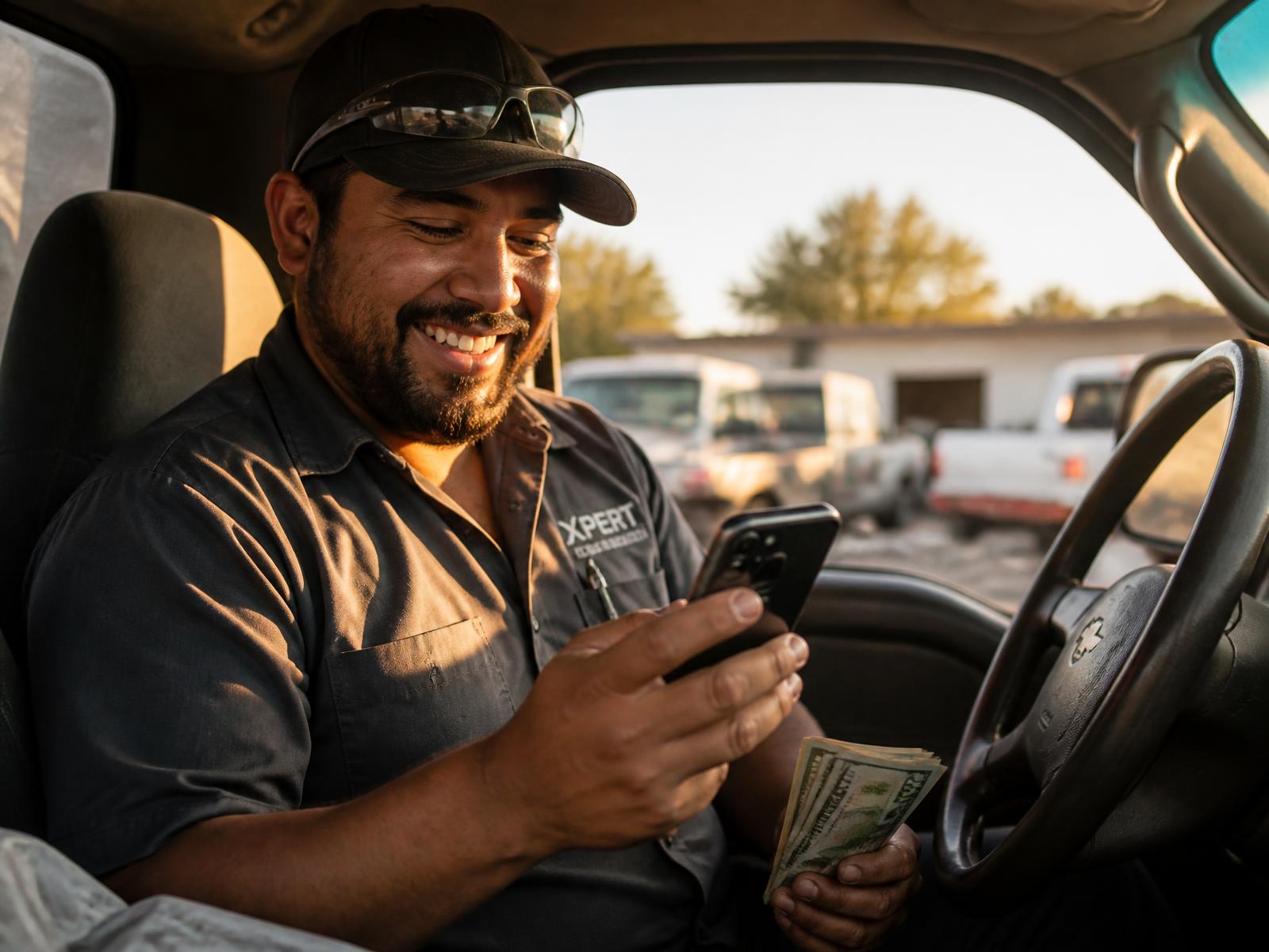 Contractor smiling at a payment notification on his phone in his work truck